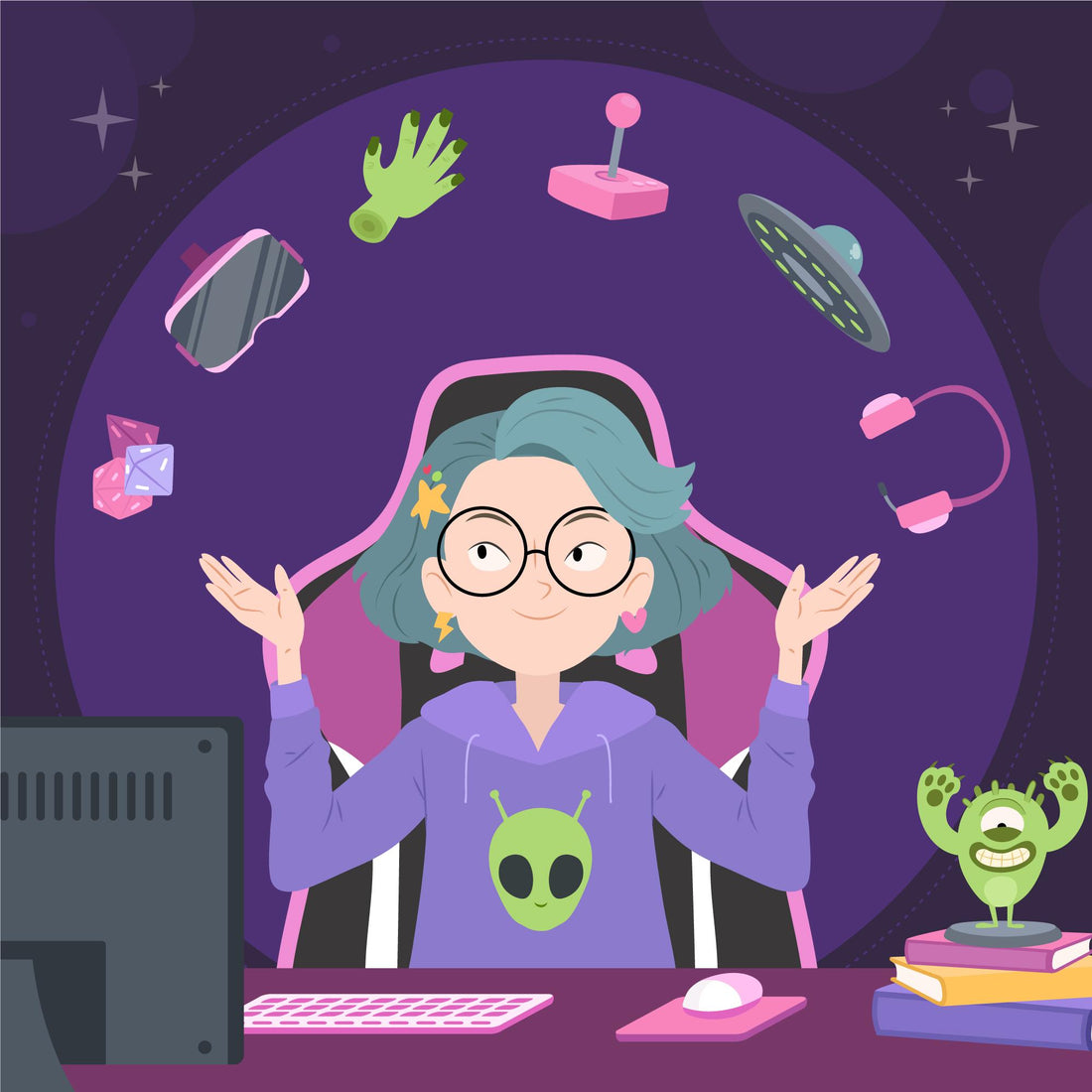 Cartoon gaming nerd with multiple interests, image by Freepik