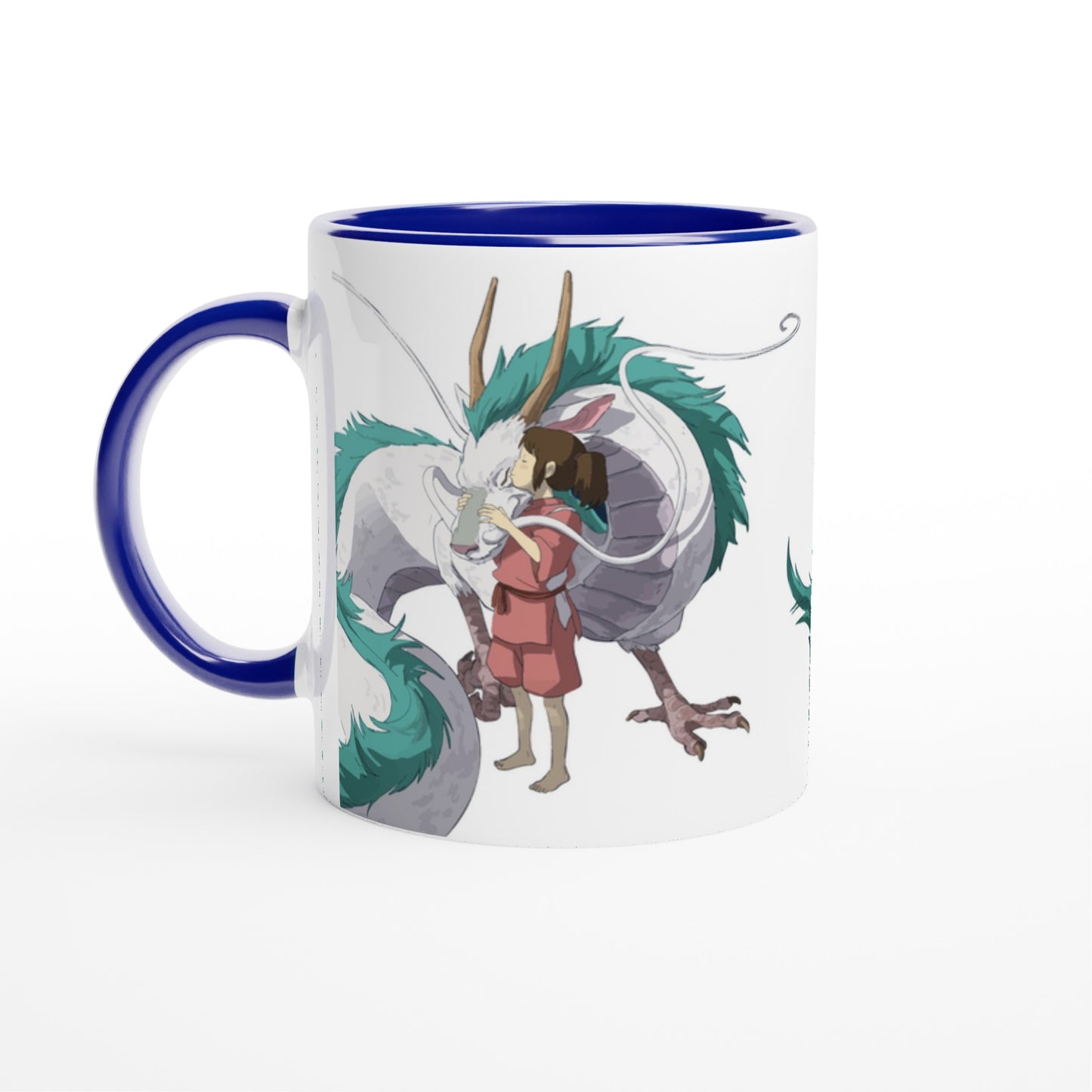 The mug depicts Chihiro hugging Haku, a dragon character from the Studio Ghibli film Spirited Away.