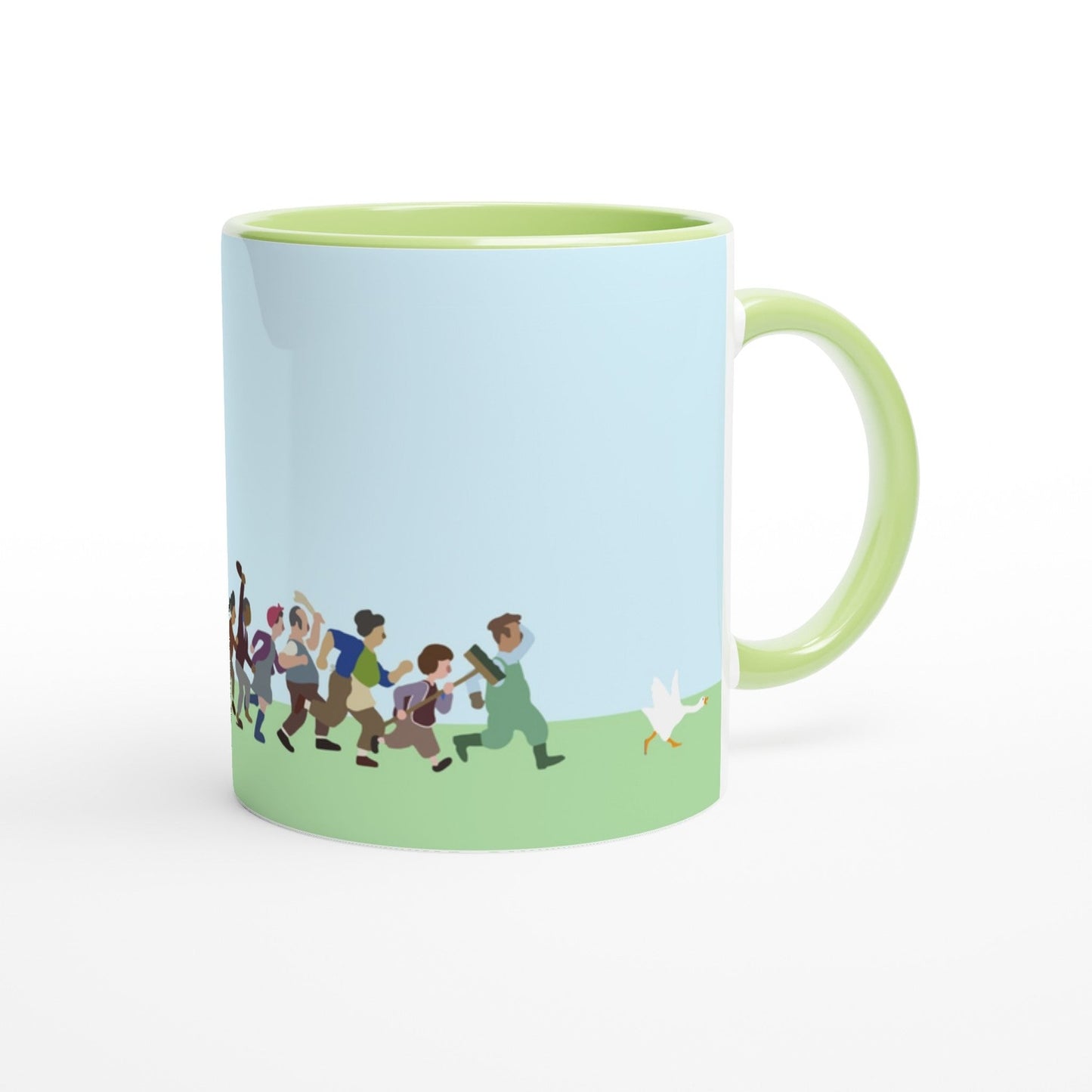 Mug with a cartoon design of Untitled Goose chasing townsfolk outdoors