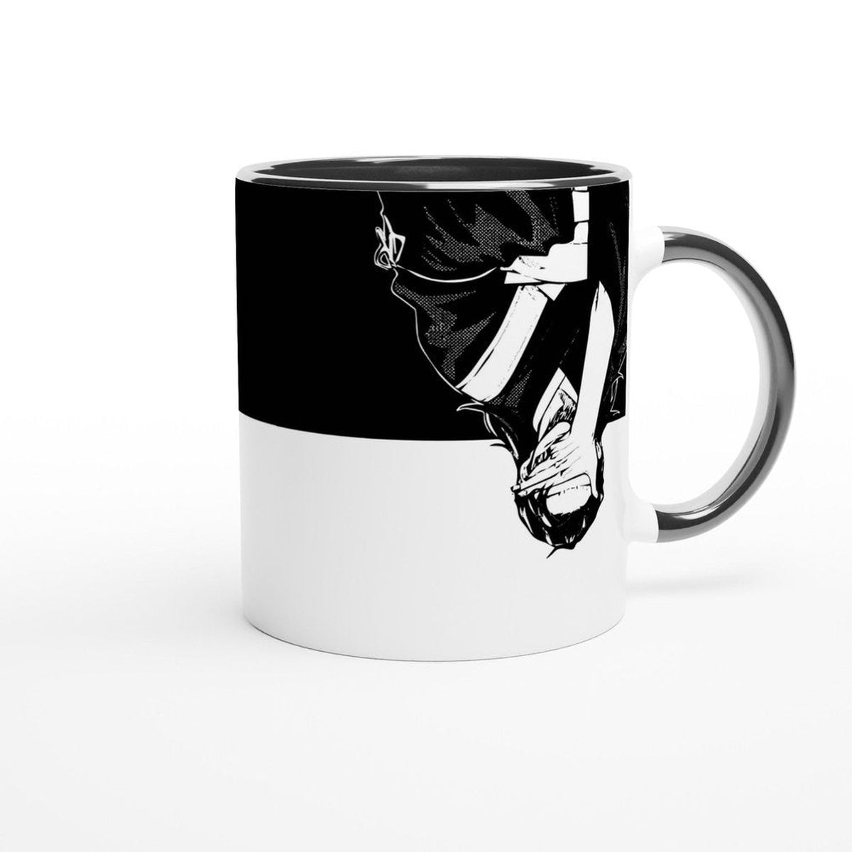 A white mug features a black and white illustration depicting Satoru Gojo versus Suguru Geto from Jujutsu Kaisen in a yin/yang design.