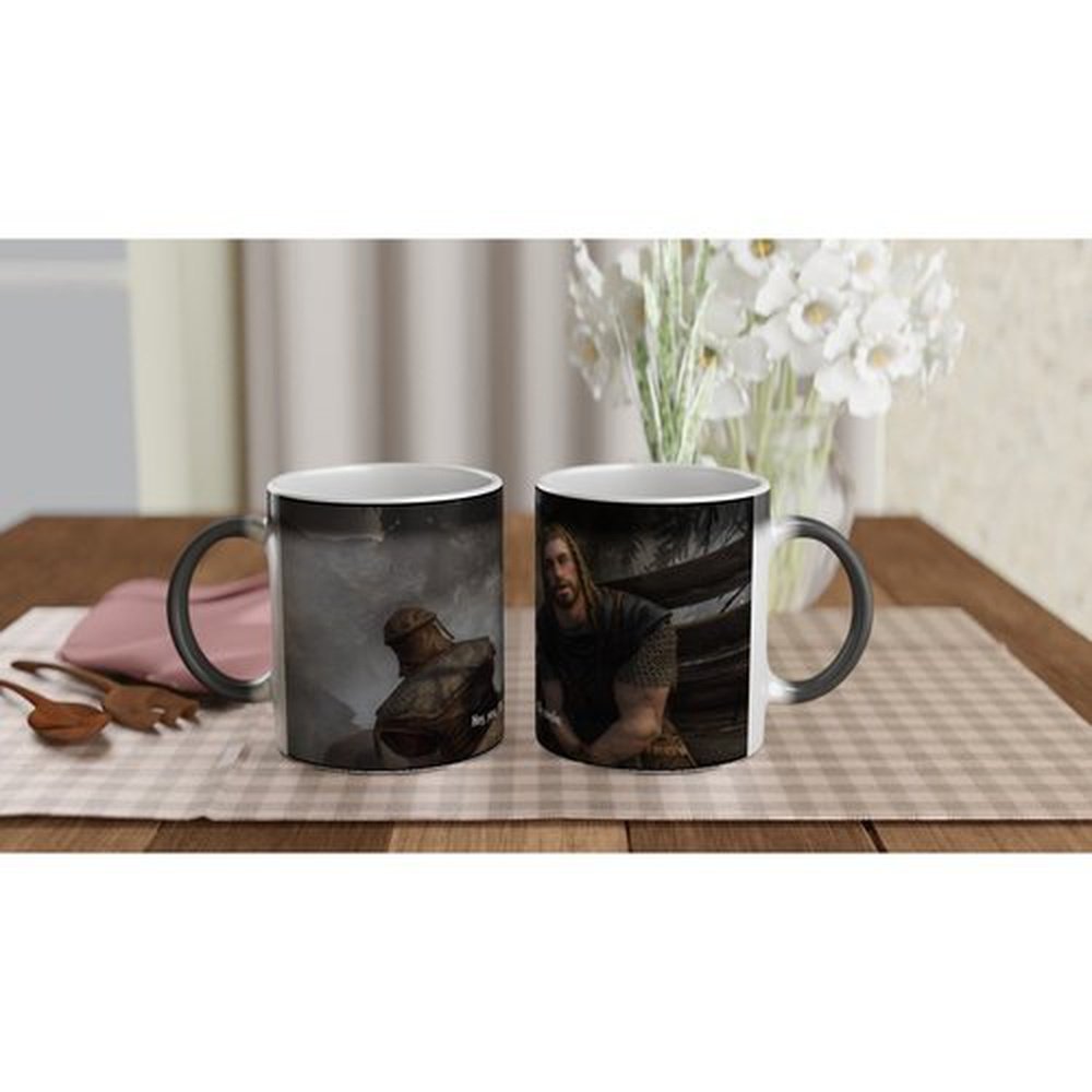 This Skyrim mug displays a heat-changing design featuring imagery from The Elder Scrolls on both sides.