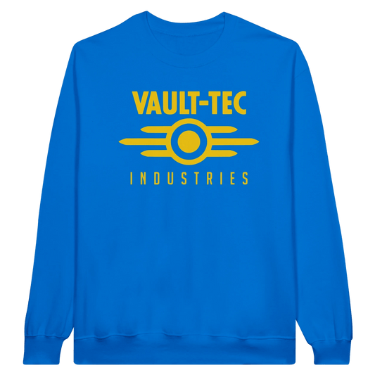 Blue sweatshirt with 'Vault-Tec Industries' text and logo on a white background
