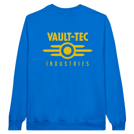 Blue sweatshirt with 'Vault-Tec Industries' text and logo on a white background