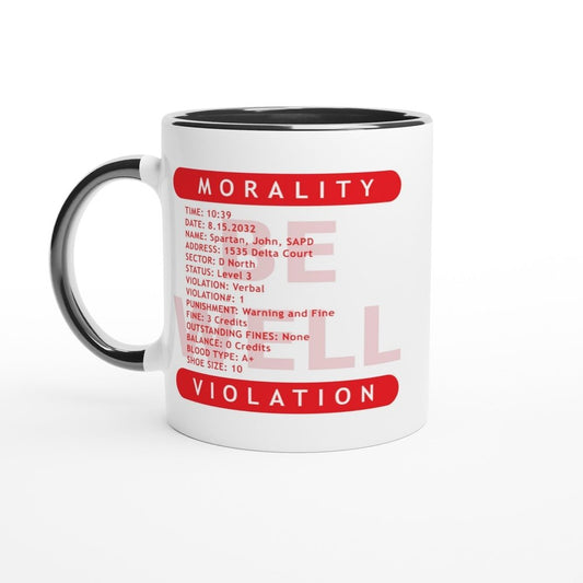 A white ceramic mug displays a red graphic resembling a "Morality Violation Ticket" from the movie Demolition Man, featuring details like name, date, and violation type.