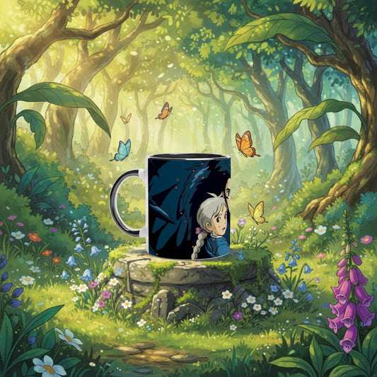 A "Howl's Moving Castle" mug featuring a dark design of Howl and Sophie from Studio Ghibli sits on a mossy stone pedestal surrounded by wildflowers and butterflies in a lush forest setting.