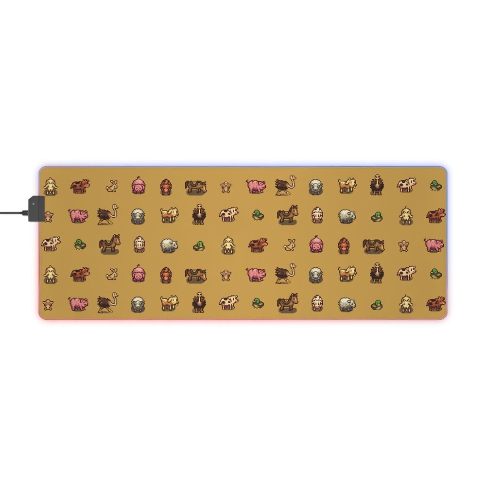 Stardew Valley Animals Desk Mat | Pixel Art on Yellow Background | LED Gaming Mouse Pad | Cosy Gaming | Desk Accessory