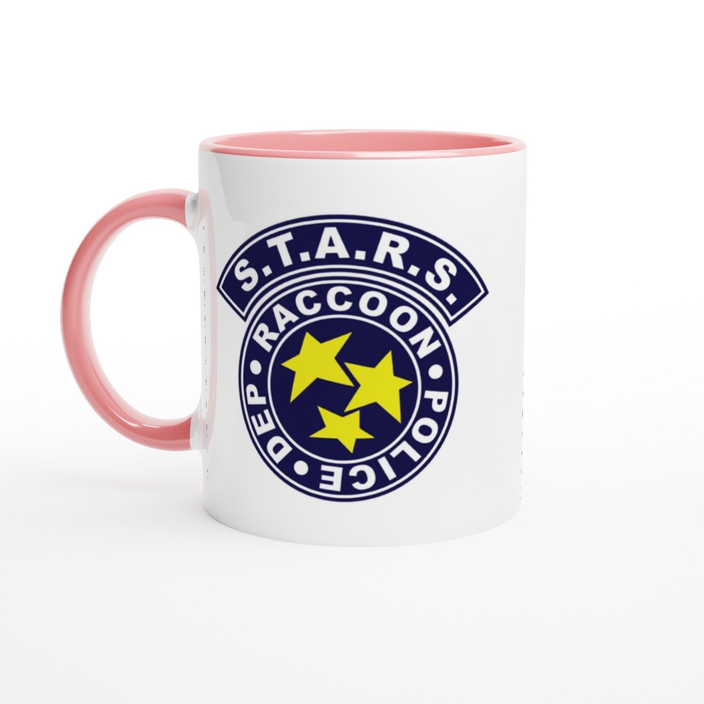 White mug with pink handle featuring the S.T.A.R.S. logo from 'Resident Evil'.