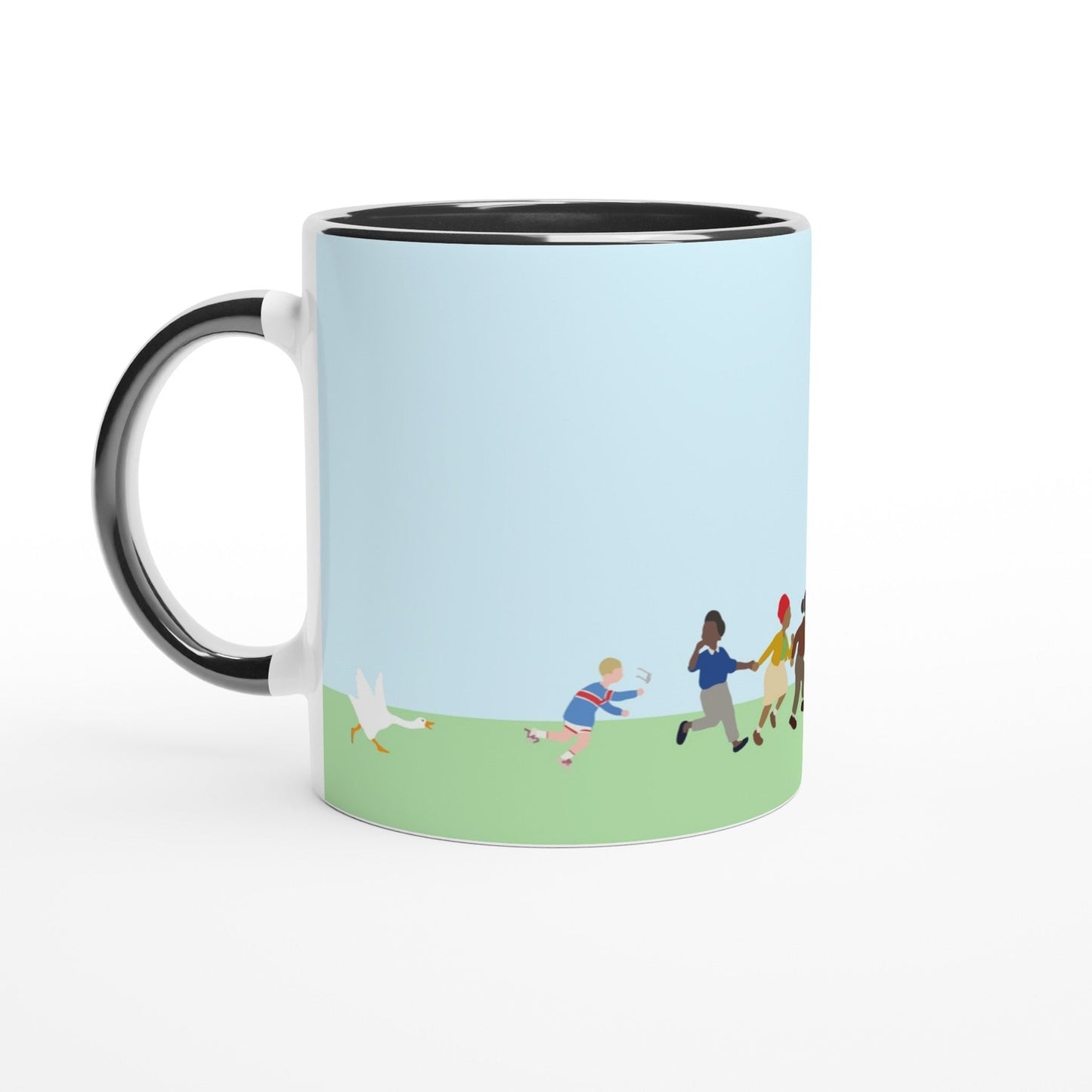 Mug with a cartoon design of Untitled Goose chasing townsfolk outdoors