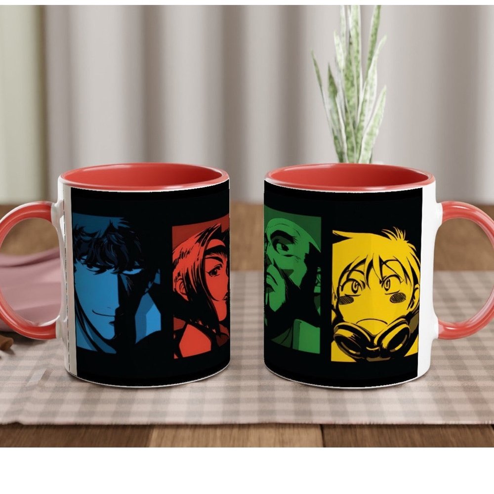 The Cowboy Bebop anime mug features colourful illustrations of four original series characters arranged in a grid pattern.