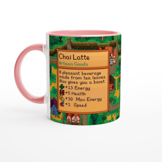 A green Stardew Valley mug features a yellow box displaying "Chai Latte" and details about its effects as an in-game item, alongside a pink handle.