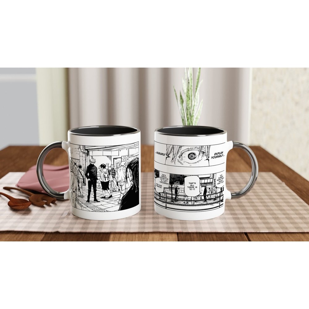 A ceramic Jujutsu Kaisen mug displays a black and white manga panel depicting Satoru Gojo and Suguru Geto during their breakup, with speech bubbles reading "Explain Yourself" and "There's no way.