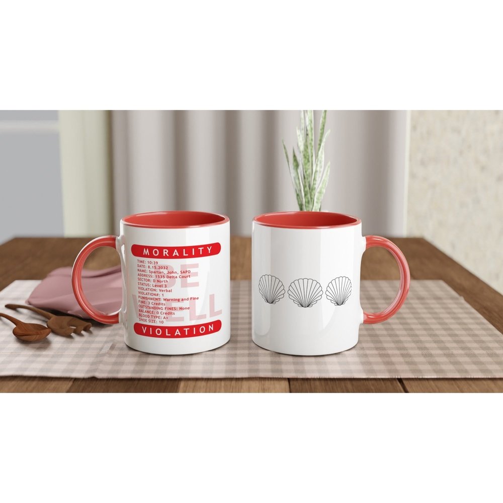 A white Demolition Man mug features a red rim and handle, displaying "Morality Violation" text and three seashell illustrations.