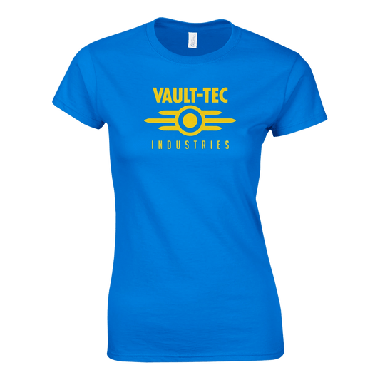 Blue t-shirt with yellow 'Vault-Tec Industries' logo on a white background