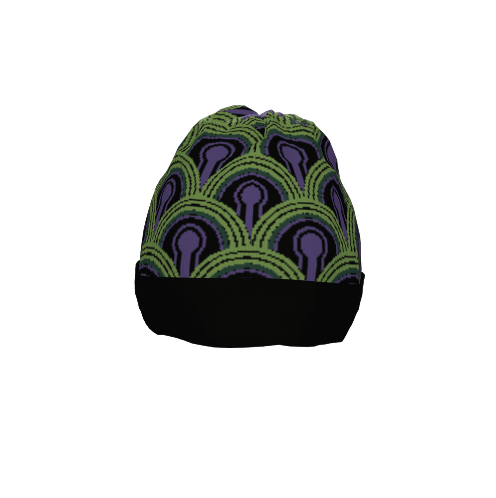 A knitted beanie hat featuring a green and purple Room 237 wallpaper pattern inspired by The Shining.
