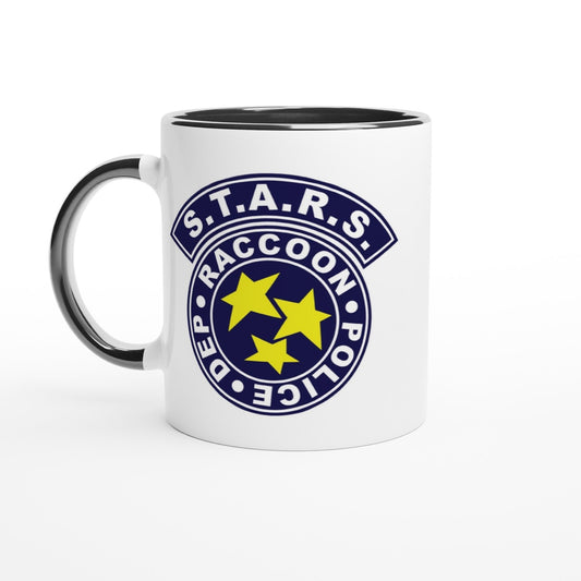 White mug with black interior and handle featuring the S.T.A.R.S. logo on a white background