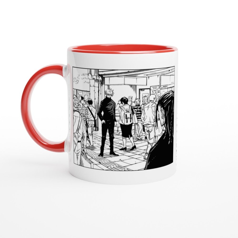 A white ceramic mug displays a black and white manga panel depicting Satoru Gojo and Suguru Geto in a tense standoff surrounded by onlookers.