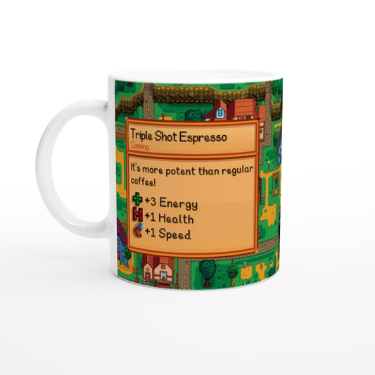 A white Stardew Triple Shot Espresso mug displays a graphic resembling an in-game recipe card showing stats for energy, health and speed against a pixelated background from the game Stardew Valley.