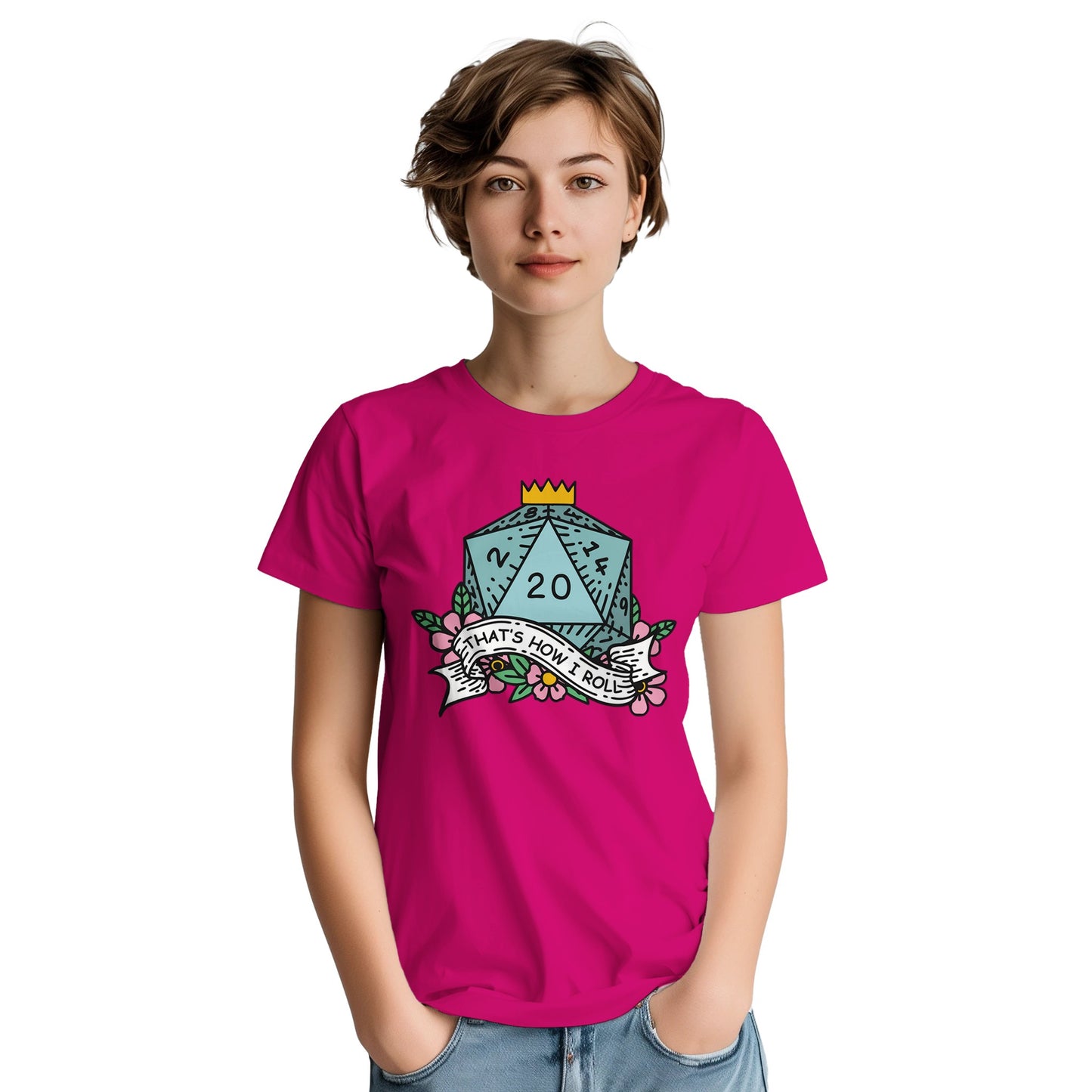 A person wearing a pink t-shirt displays a D&D "That's How I Roll" graphic of a twenty-sided die.