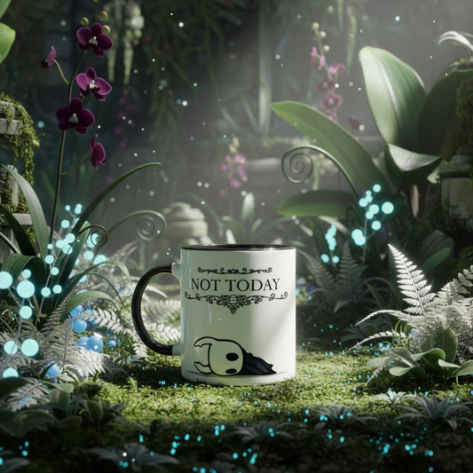 Hollow Knight Mug with 'Not Today' text in a mystical garden setting