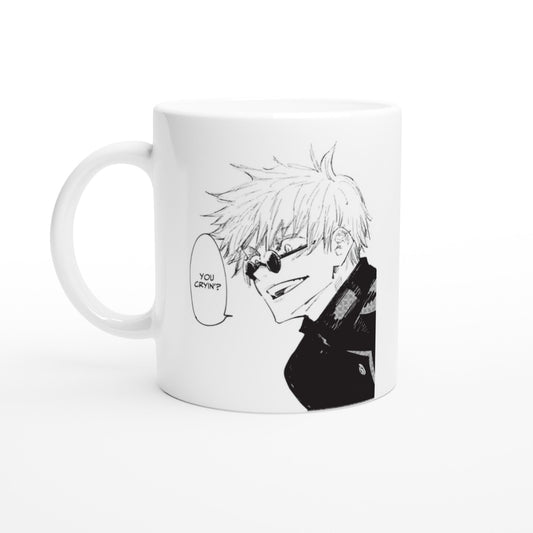 A black and white illustration from the Jujutsu Kaisen manga depicts Satoru Gojo wearing sunglasses and a speech bubble reading "You Cryin'?" on an 11oz ceramic mug.