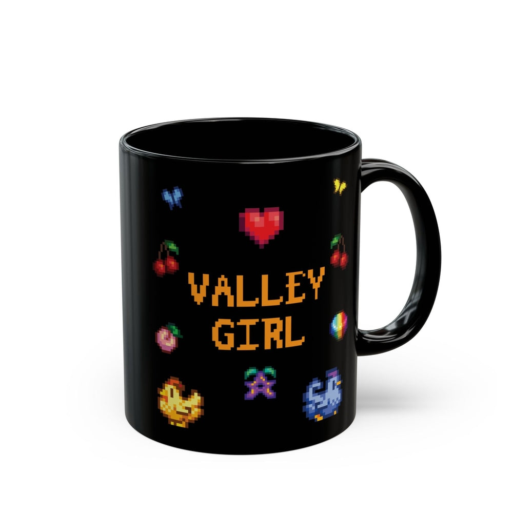 Stardew Valley Girl Mug | Cheeky Black Coffee Cup | Pixel Art Chickens | Cherries & Peach | Prismatic Stardrop | SDV Sprites and Icons