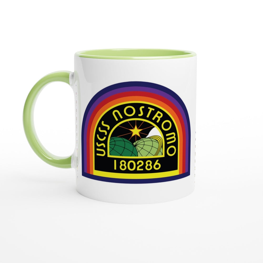 A white ceramic mug features a rainbow-colored logo for the USCSS Nostromo from the Alien movie universe.