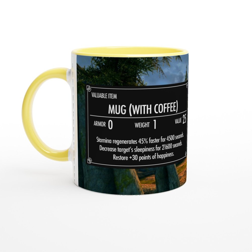 This 11oz Skyrim coffee mug features a design resembling an Elder Scrolls game item card overlaid on a landscape scene.