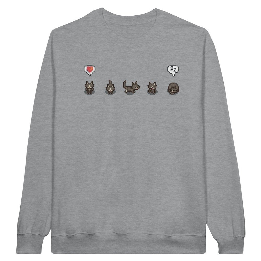 A grey Stardew Valley crewneck sweatshirt displays pixelated cats and emotes across the chest.