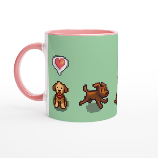 A ceramic mug displays pixel art of three dogs from Stardew Valley, along with a heart emote.