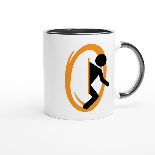 A white ceramic mug features a graphic depicting a Portal from the Half-Life video game, showing a figure stepping through an orange ring.