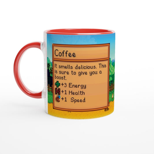 A Stardew Valley coffee mug features a pixelated background depicting a village scene and displaying "Coffee" along with stat boosts.