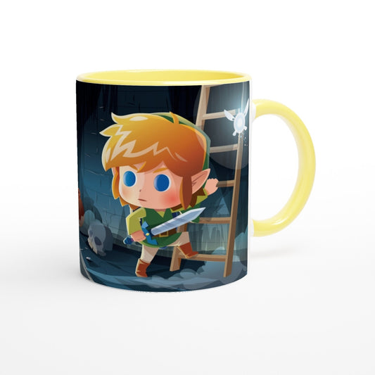 A ceramic mug depicts a chibi Link from The Legend of Zelda: Breath of the Wild (BOTW) and Tears of the Kingdom (TOTK), holding a sword in a dungeon setting alongside a fairy.