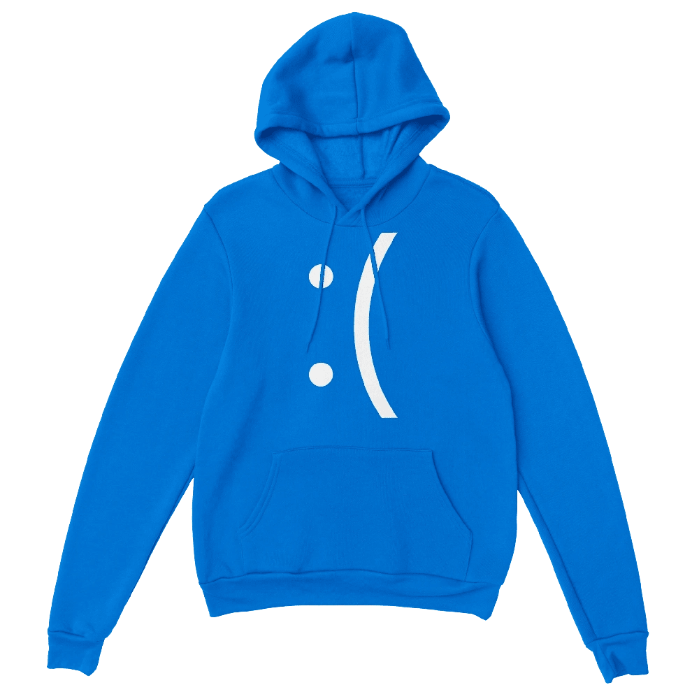 A blue hoodie features a white sad face emoticon referencing the Blue Screen of Death error message.