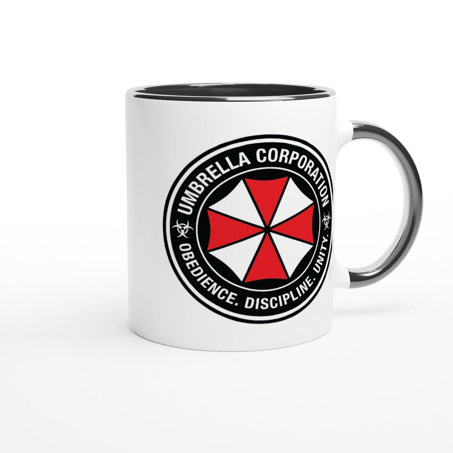 White mug with Umbrella Corporation logo on a white background