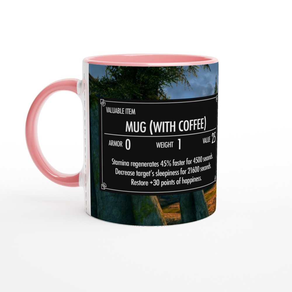 This 11oz Skyrim coffee mug features a design resembling an Elder Scrolls item card displaying stats and graphics from the video game.