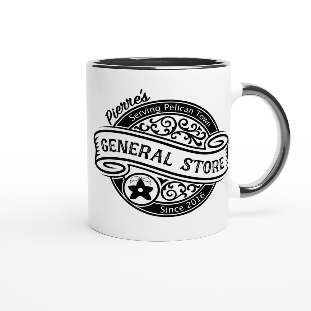 A white ceramic mug displays a black logo for Pierre's General Store from Stardew Valley, featuring ornate lettering and the words "Serving Pelican Town.