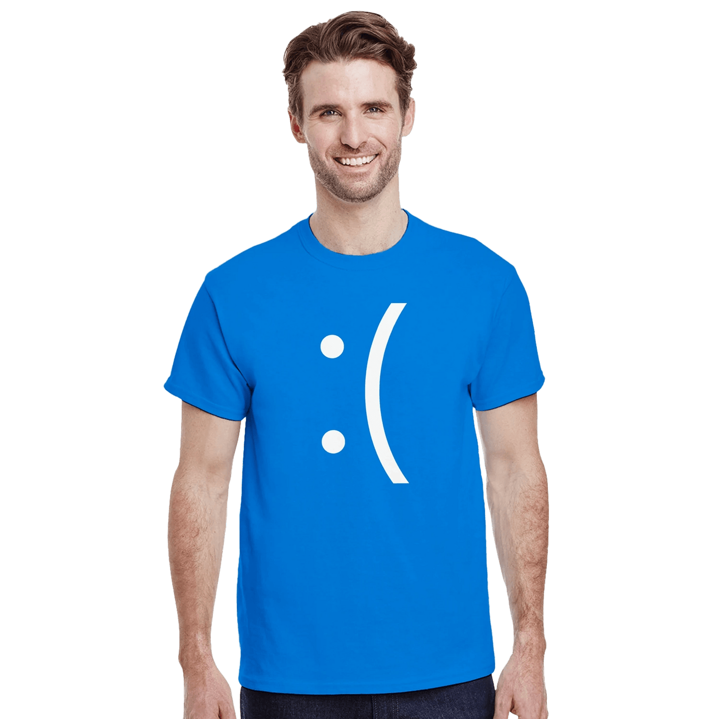 A man wearing a blue Gildan® 5000 unisex crewneck t-shirt displays a white emoticon graphic on the front.