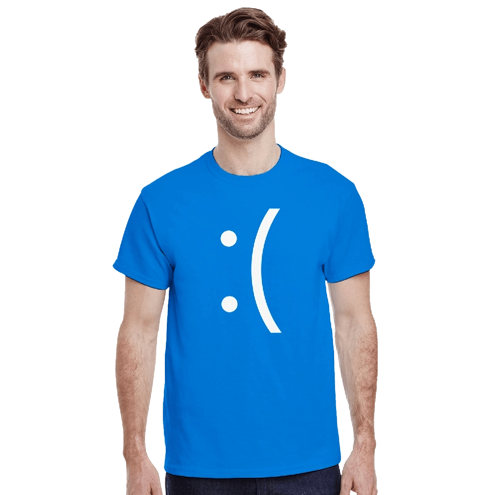 A man wearing a blue Gildan® 5000 unisex crewneck t-shirt displays a white emoticon graphic on the front.