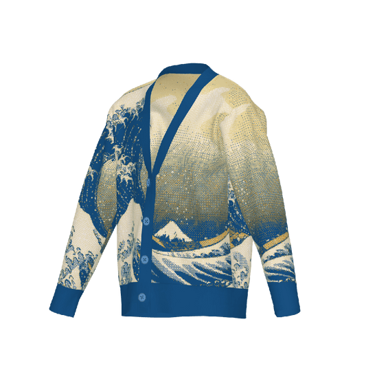 A blue knit cardigan featuring a Japanese art inspired design of the Great Wave and Mount Fuji.