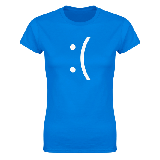 A ladies fit tee is blue and features a white sad face emoticon referencing the Blue Screen of Death error message.