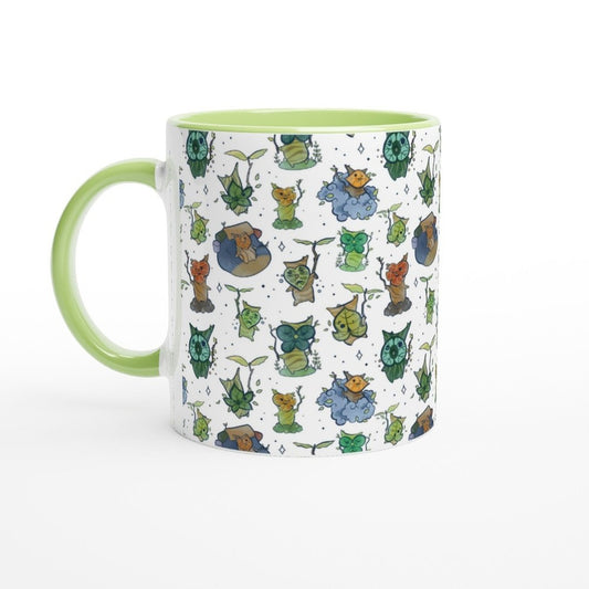 This white ceramic mug features a repeating pattern of Korok characters from The Legend of Zelda: Breath of the Wild and Tears of the Kingdom.