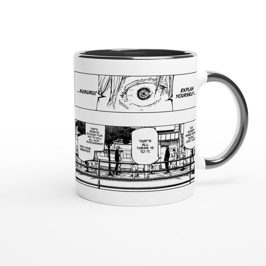 A white ceramic mug displays a black and white manga panel depicting Satoru Gojo and Suguru Geto during their breakup from Jujutsu Kaisen, featuring dialogue boxes and character illustrations.