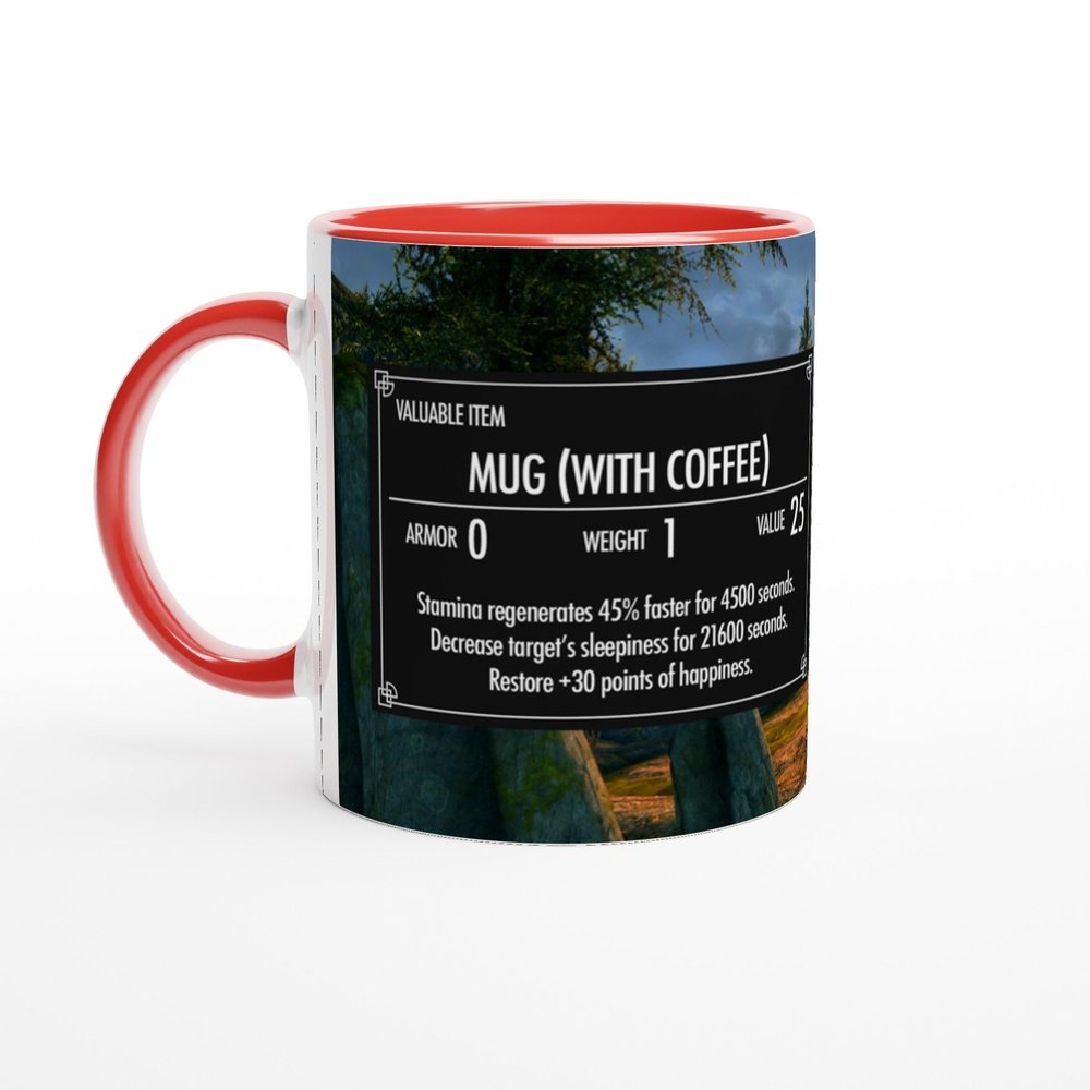 This is an 11oz Skyrim coffee mug featuring a design resembling a video game item card displaying stats and a landscape scene from The Elder Scrolls.