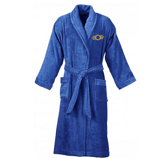 A blue terry cloth bathrobe features an embroidered Fallout logo on the sleeve.