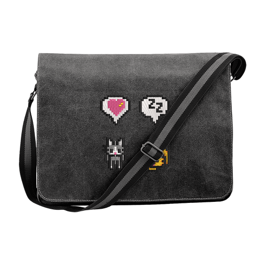 A black Stardew Cats messenger bag features pixelated embroidered icons including a heart, speech bubble, and fish.