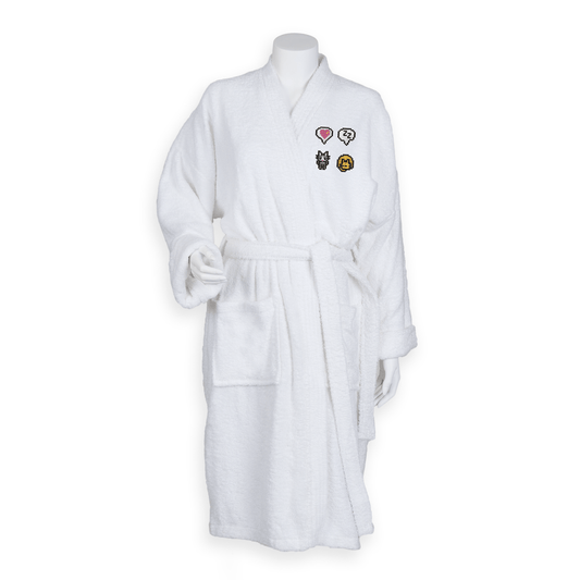 A white Stardew Valley embroidered bathrobe features pixelated icons of hearts, cats, and emotes on the upper left chest.