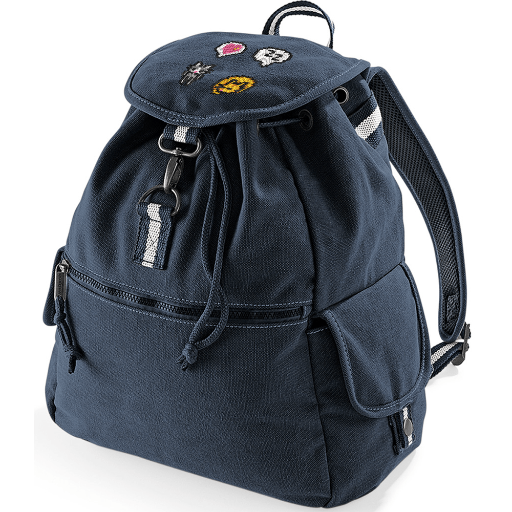 This navy blue canvas bag is a Stardew Valley backpack featuring embroidered cats and a heart emote design on the top flap.