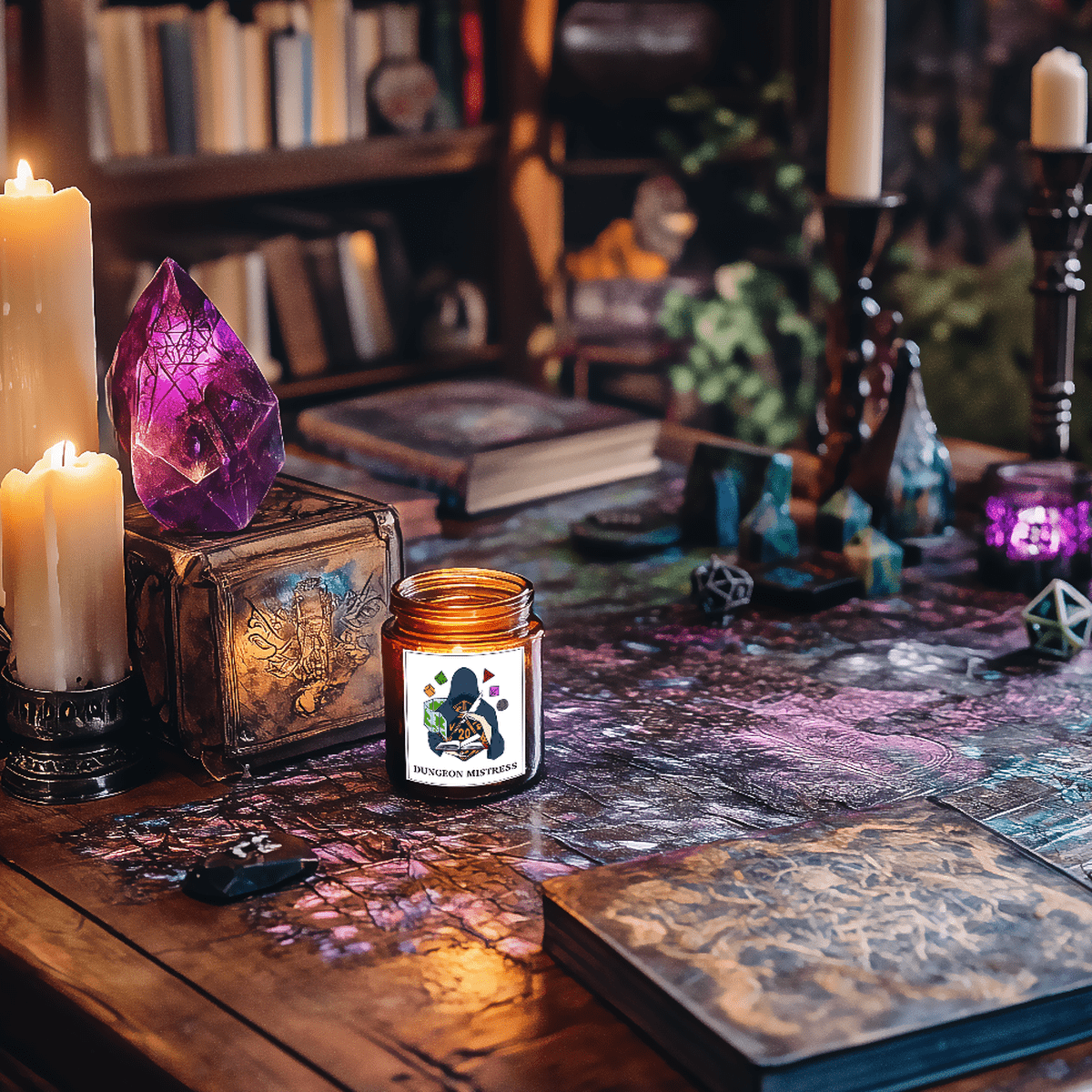 A DnD scented candle sits on a wooden table surrounded by dice, books, and candles, evoking a tabletop RPG atmosphere.