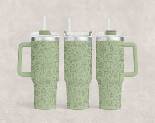 A green D&D engraved 40oz tumbler displays an RPG essentials pattern of adventure icons including dice and swords.