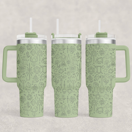 A green D&D engraved 40oz tumbler displays an RPG essentials pattern of adventure icons including dice and swords.